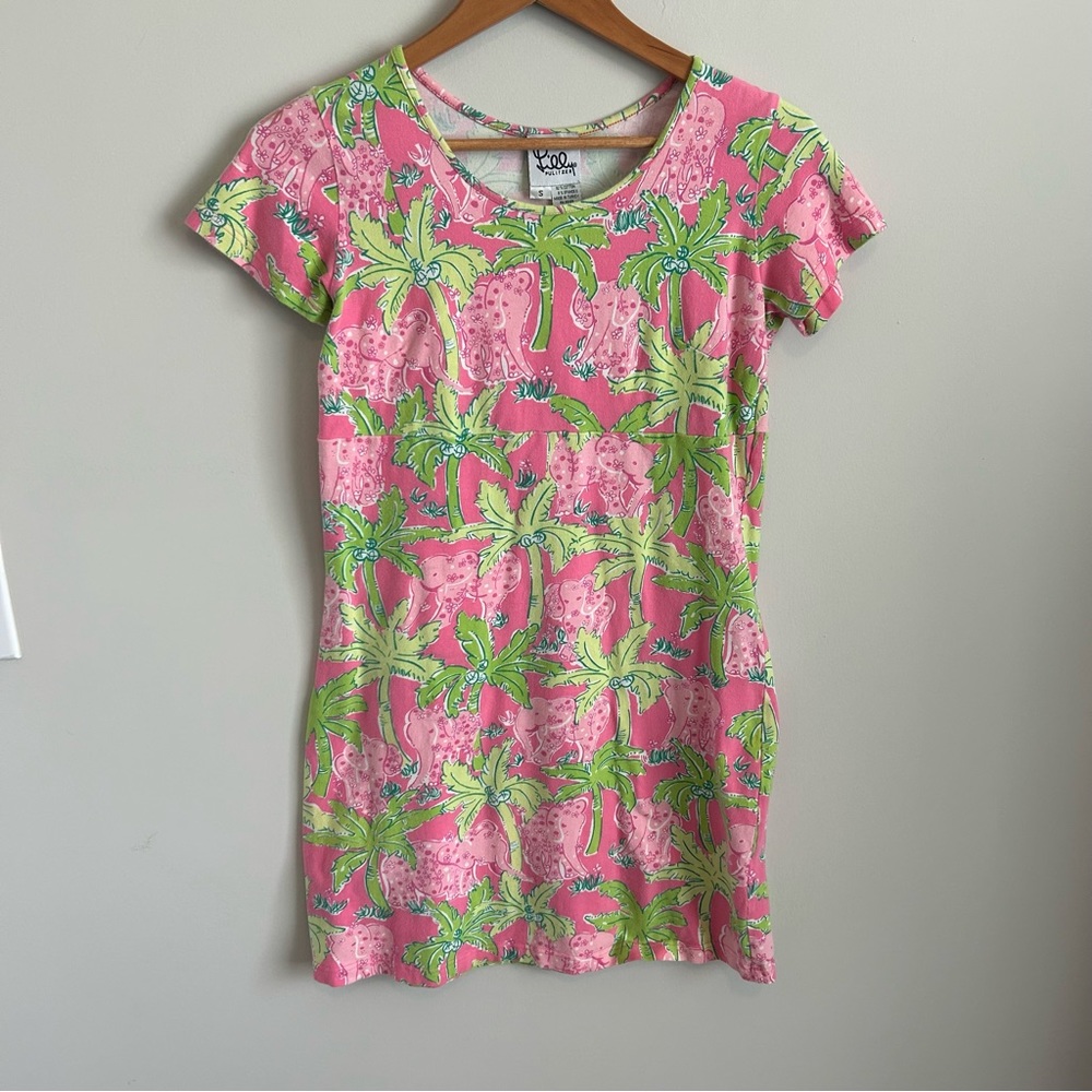 Lilly Pulitzer | Vintage Pink and Green Palm Tree Mini Dress Small